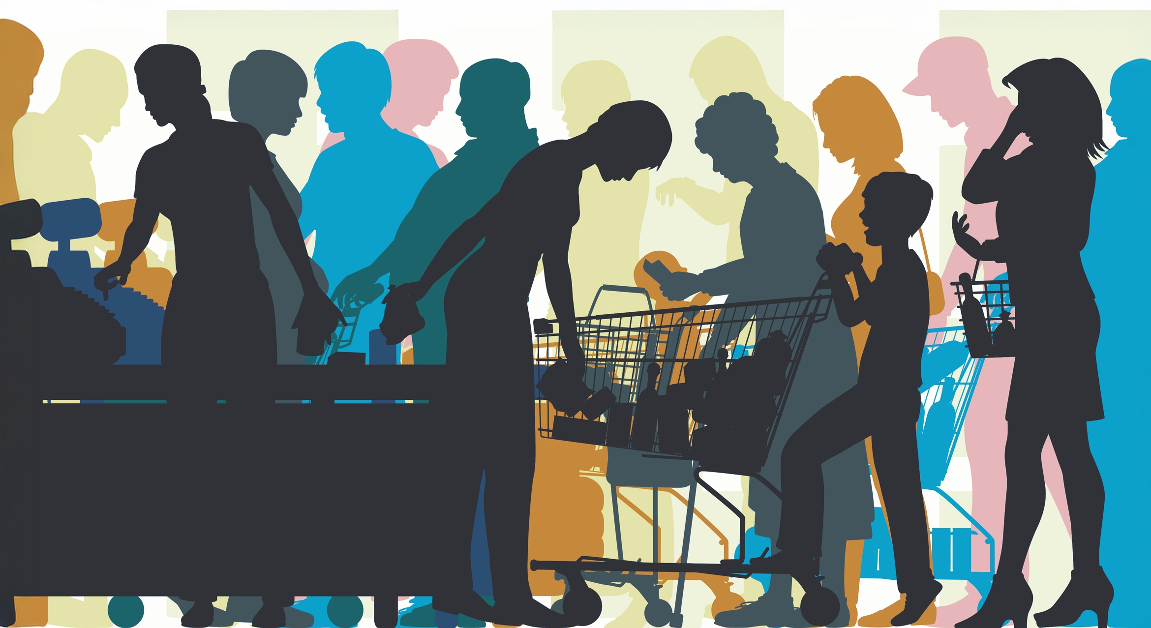 vector image of people at checkout in grocery store