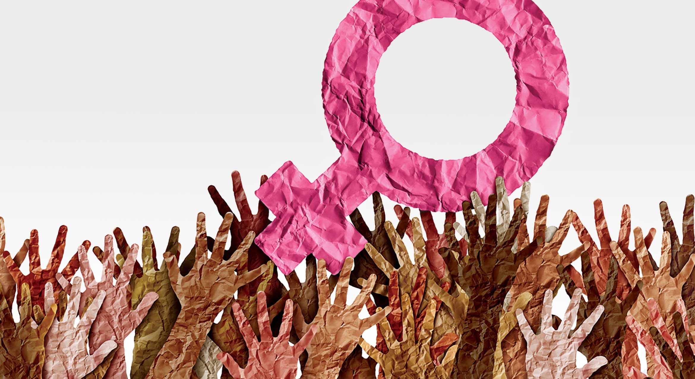 illustration of a group of hands holding up the symbol for female