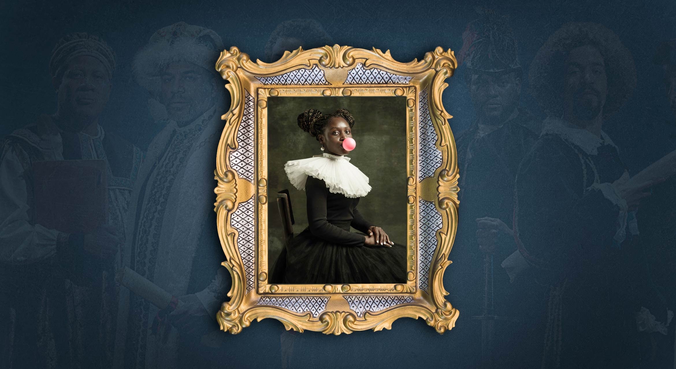 European Renaissance painting of Black woman blowing bubble gum in a gold frame on a blue wall with highlighted images of other Black Renaissance figures