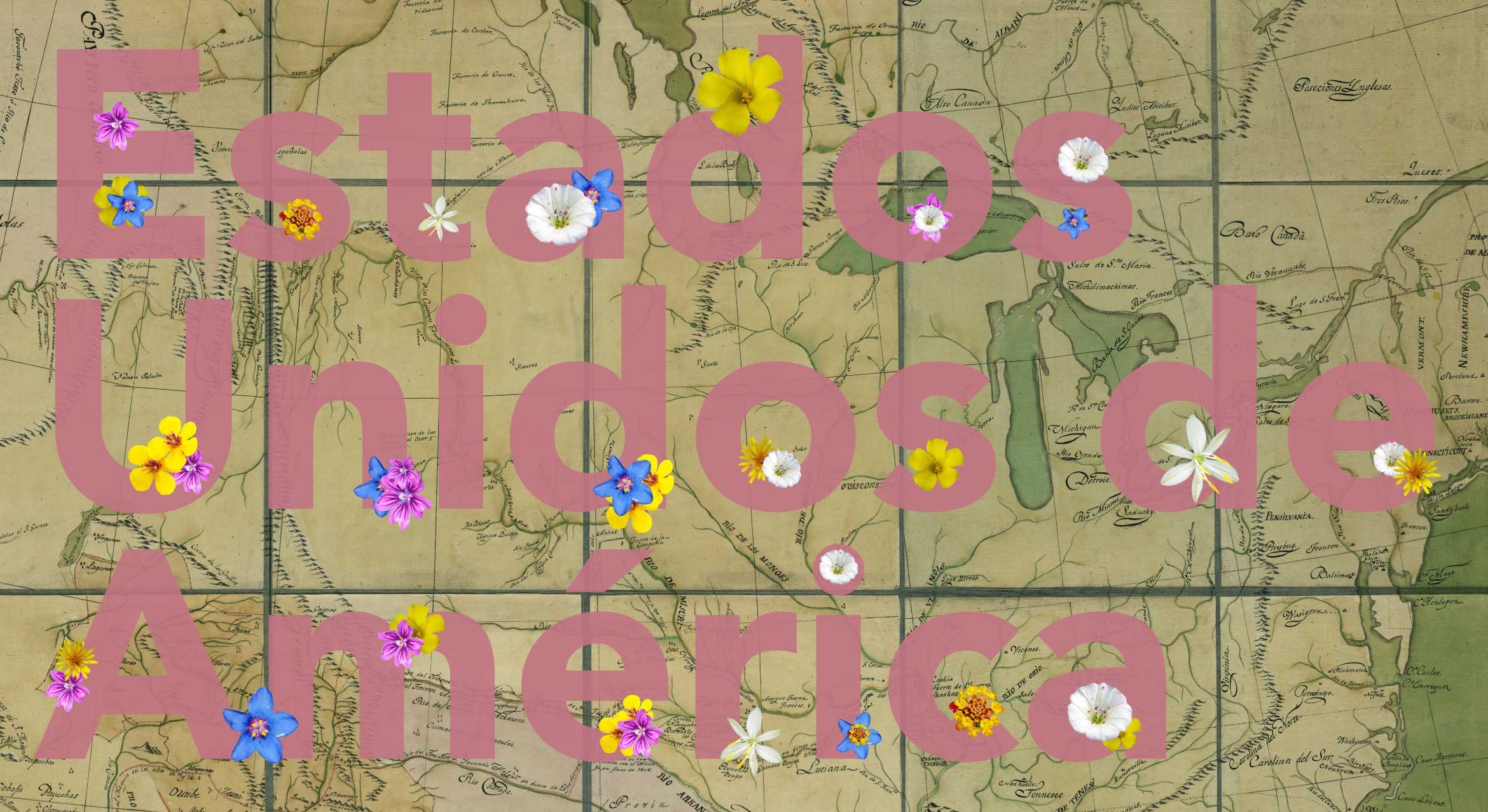 historical map of US with text in Spanish and flowers