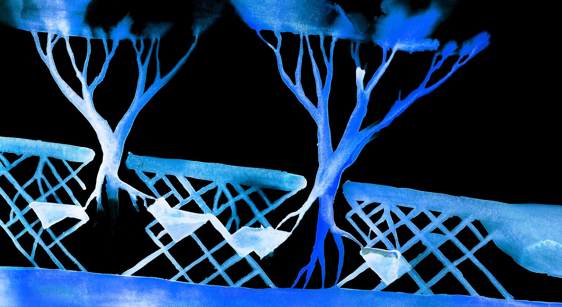 blue lights in shape of trees and roots