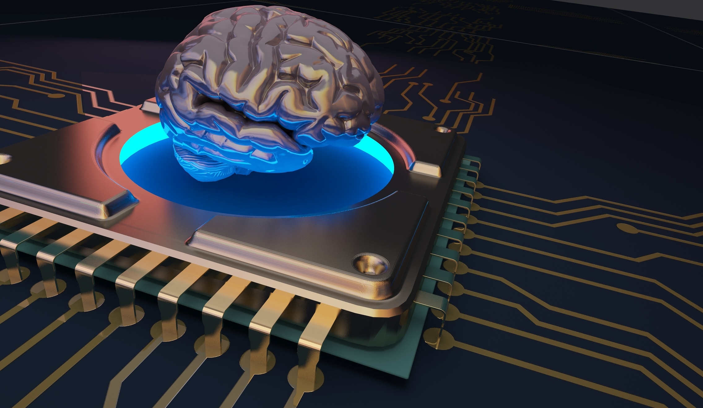 machine learning brain symbol on circuit board, 3D rendering