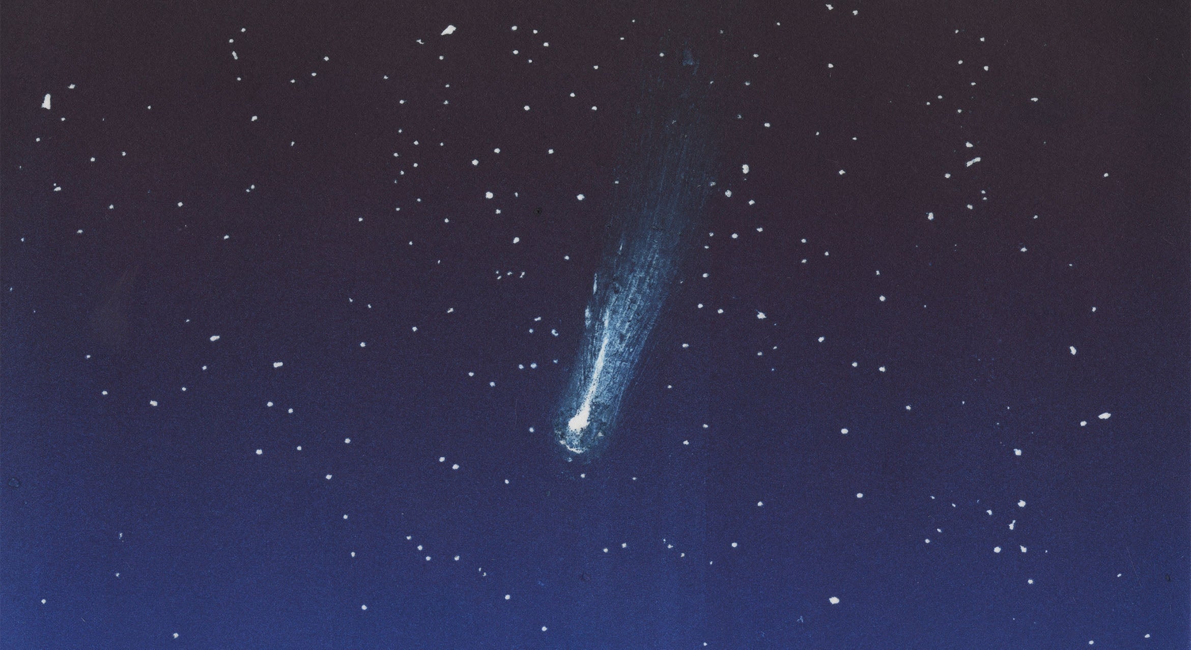 Painting of a comet traveling through night sky full of stars