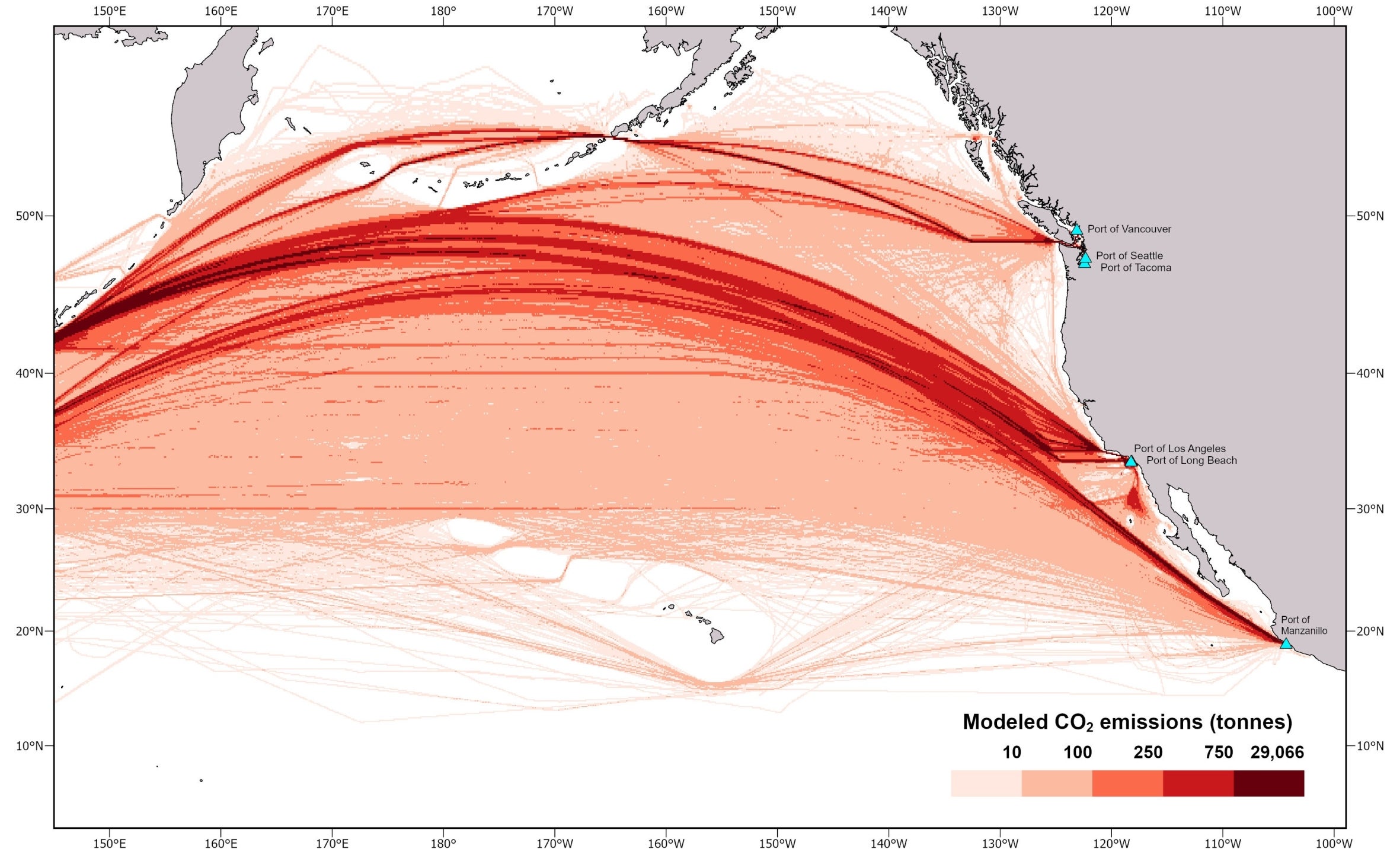 a model of carbon emissions produced by cargo vessels traveling across the Pacific Ocean from 2017 to 2023