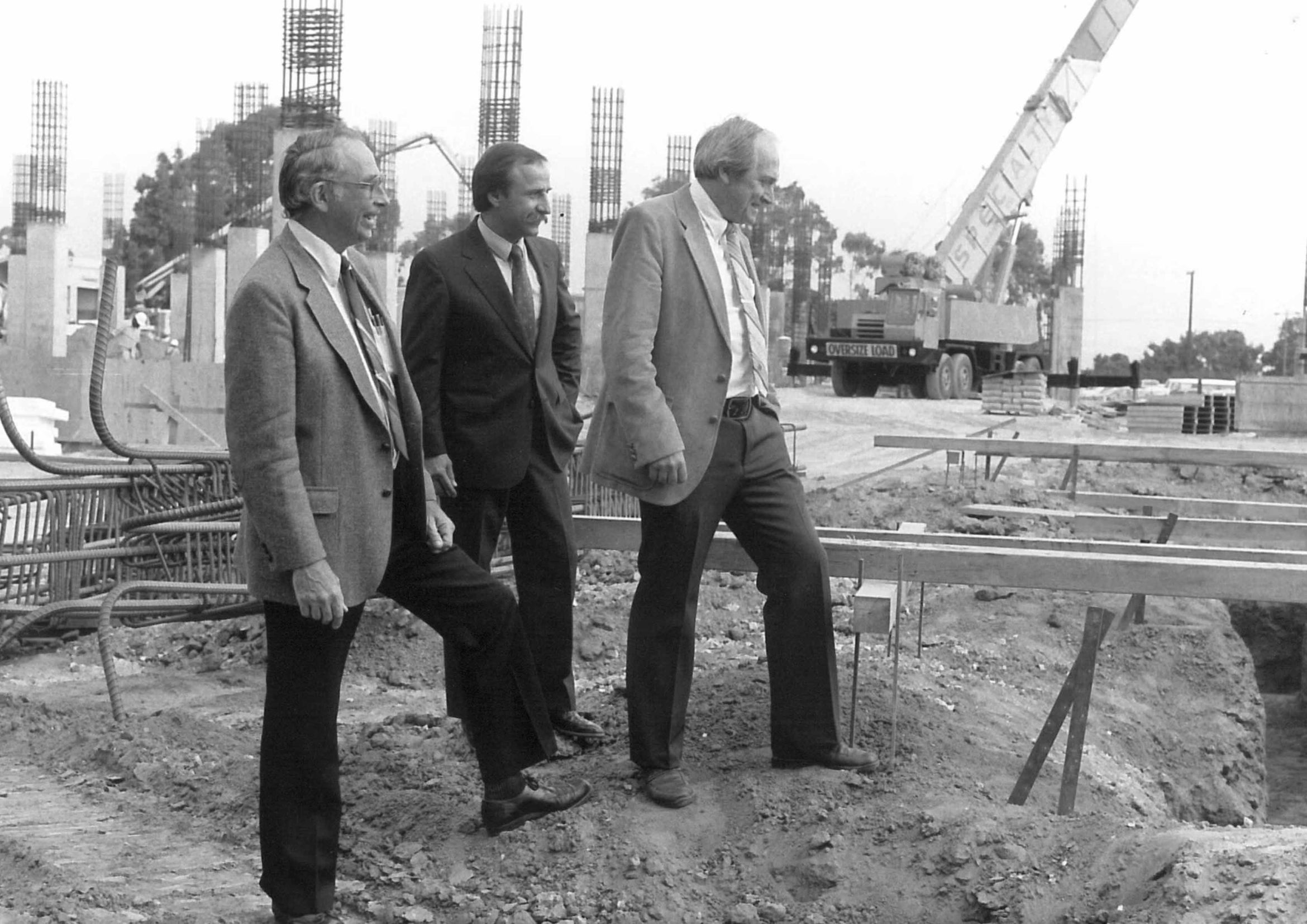 Roger Wood, Robert Mehrabian, and James Logan Merz at the construction site of what would become the Engineering II building complex