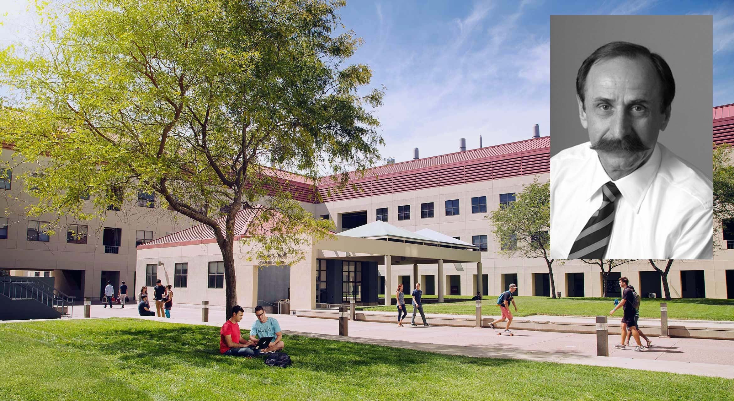 courtyard of engineering building complex and the former dean who made it possible