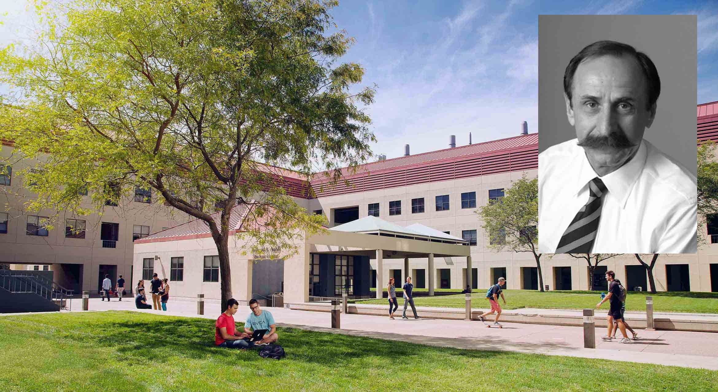 engineering building courtyard and former dean Robert Mehrabian