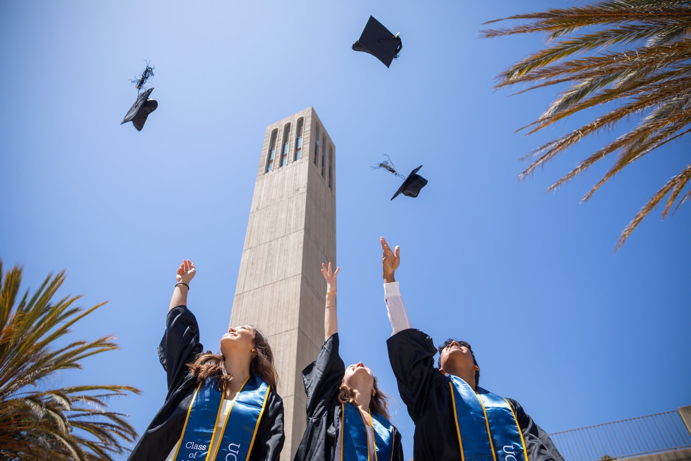 Three adults in graduation regalia throwing caps toward a blue sky