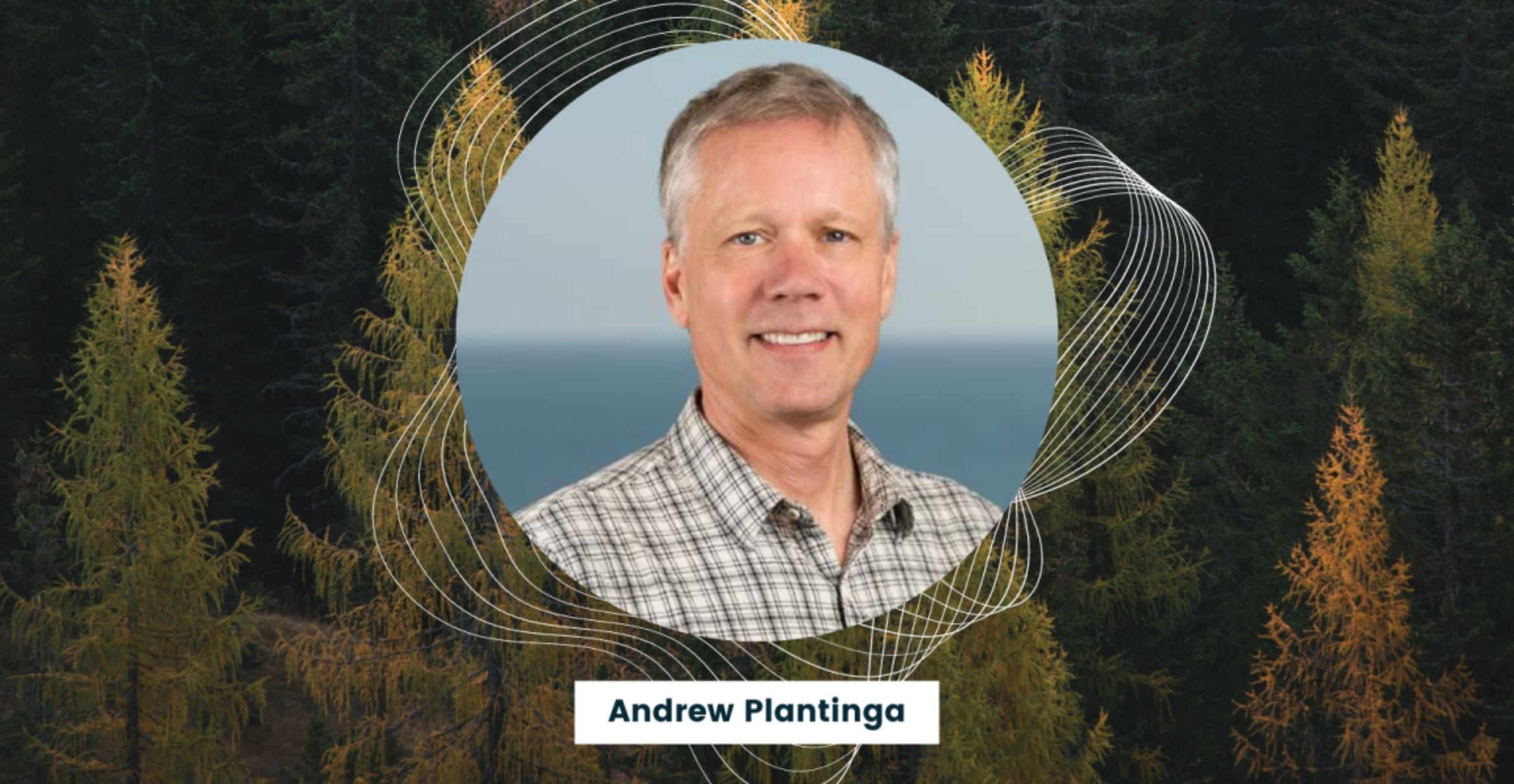 Headshot of Andrew Plantinga on a background of conifer trees.