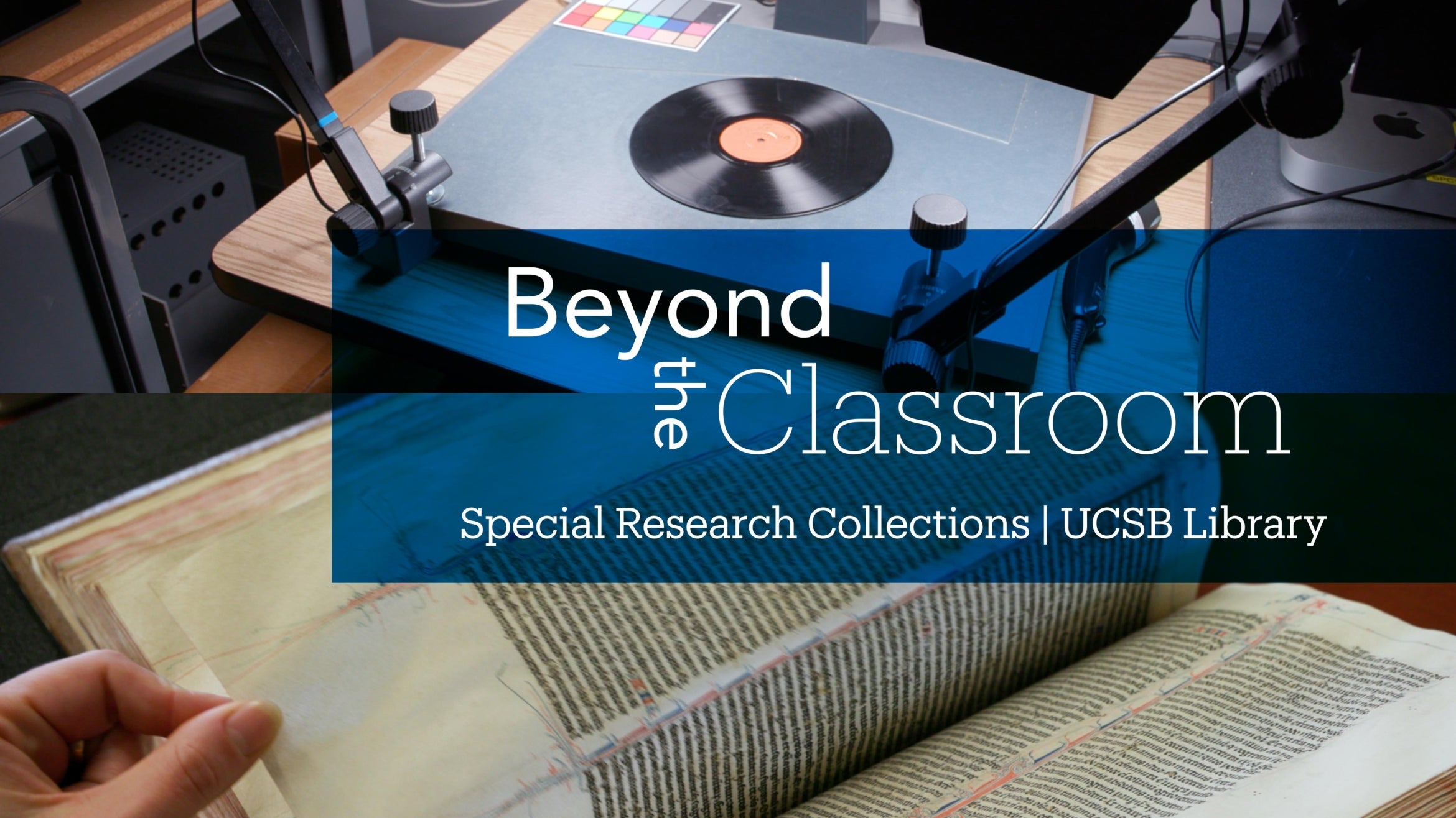 photographs of audio recording equipment and a rare bible creating a title page to introduce the article