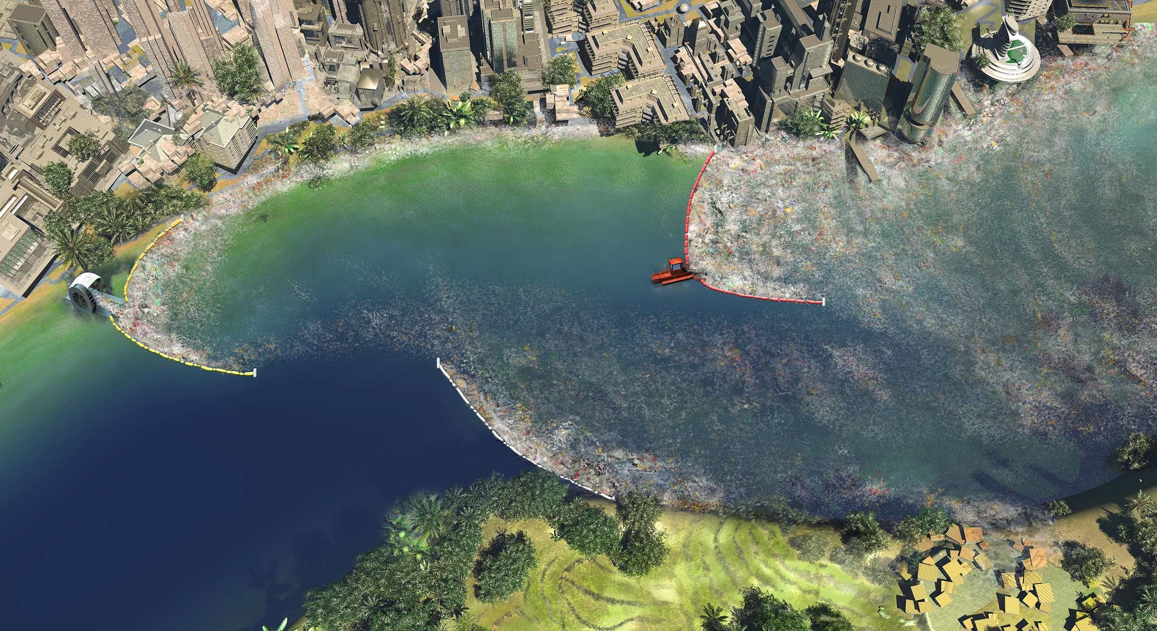 drone footage of river with water based plastic trash collectors 