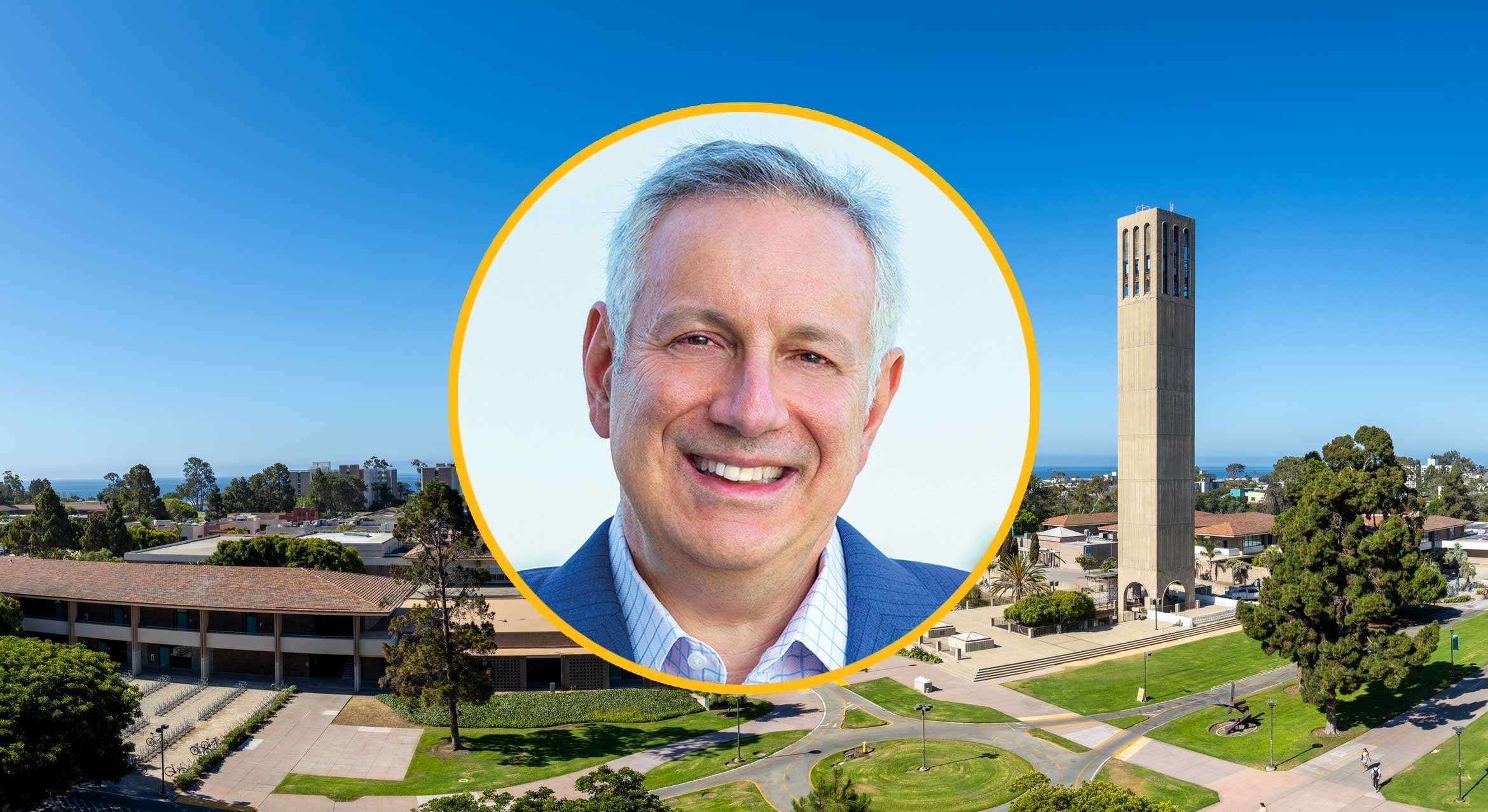 Headshot of Dennis Assanis overlaid on aerial view of campus