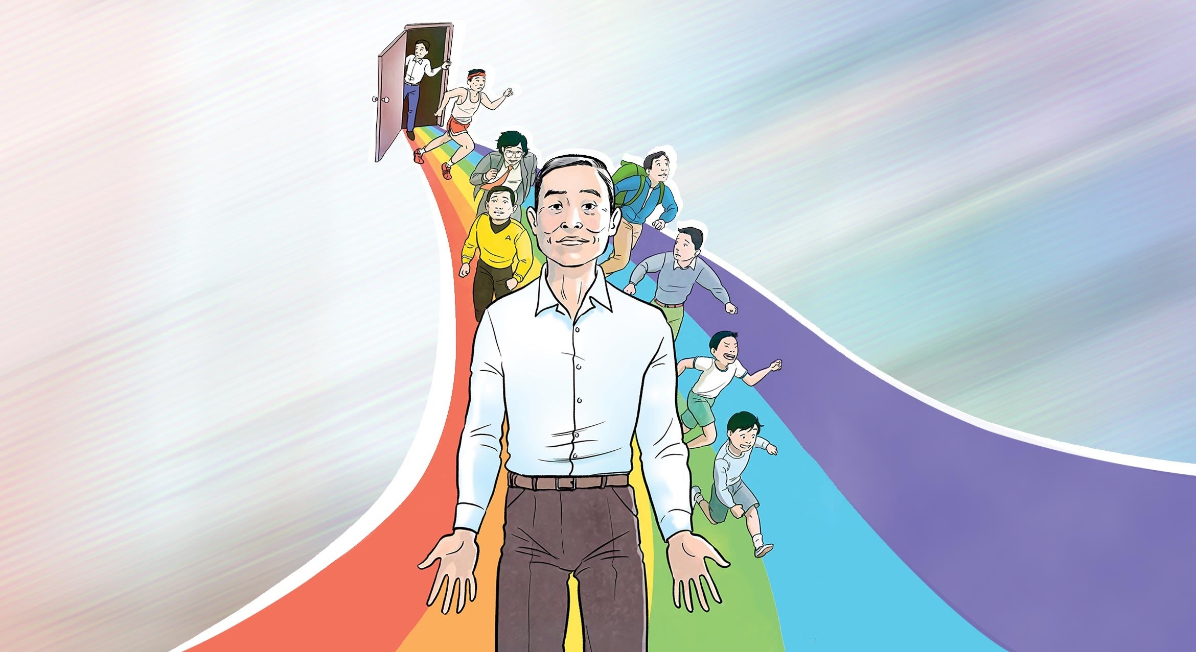 book cover art of many Asian men coming out of a door down a rainbow
