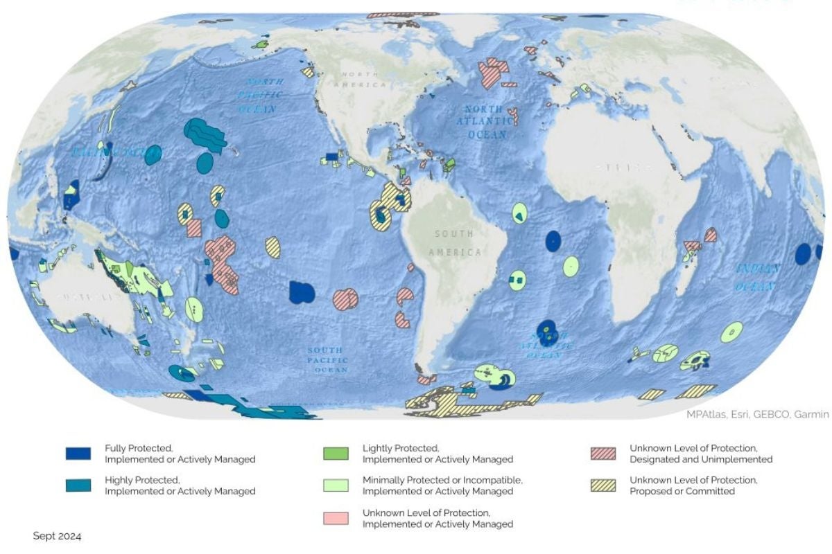 A global map of marine protected areas, with protection levels.