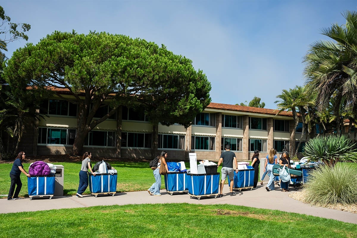 A line of people push full moving cards down a walkway between buildings