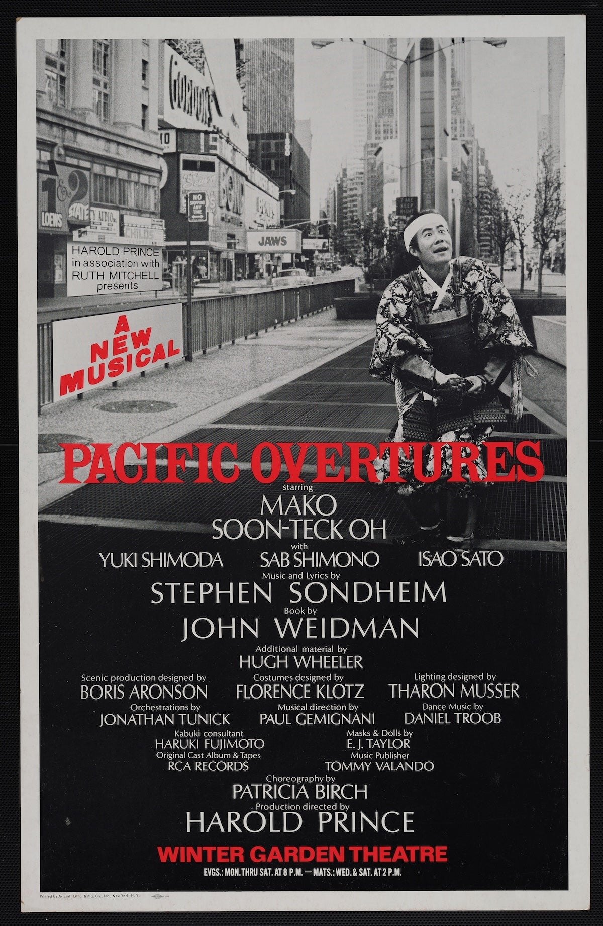Black and white poster with title Pacific Overtures in red print