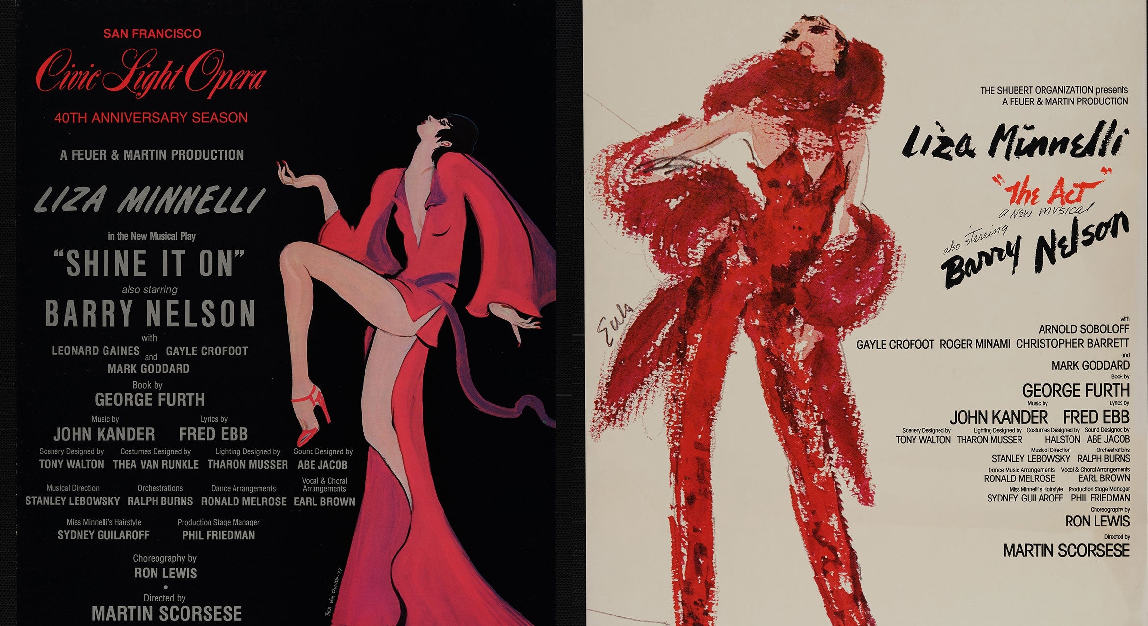 Side by side of two posters featuring a woman in red and text promoting a musical