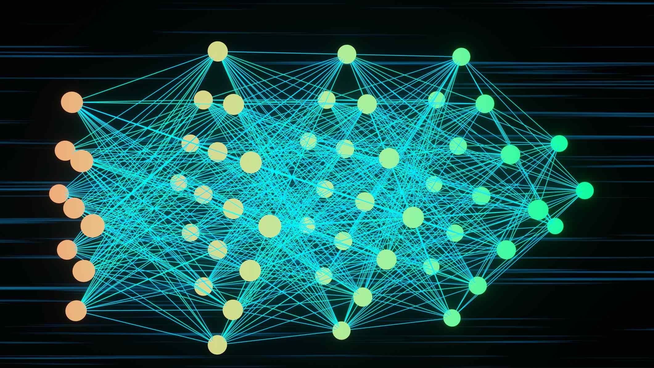 neural network topology in bright green and yellow