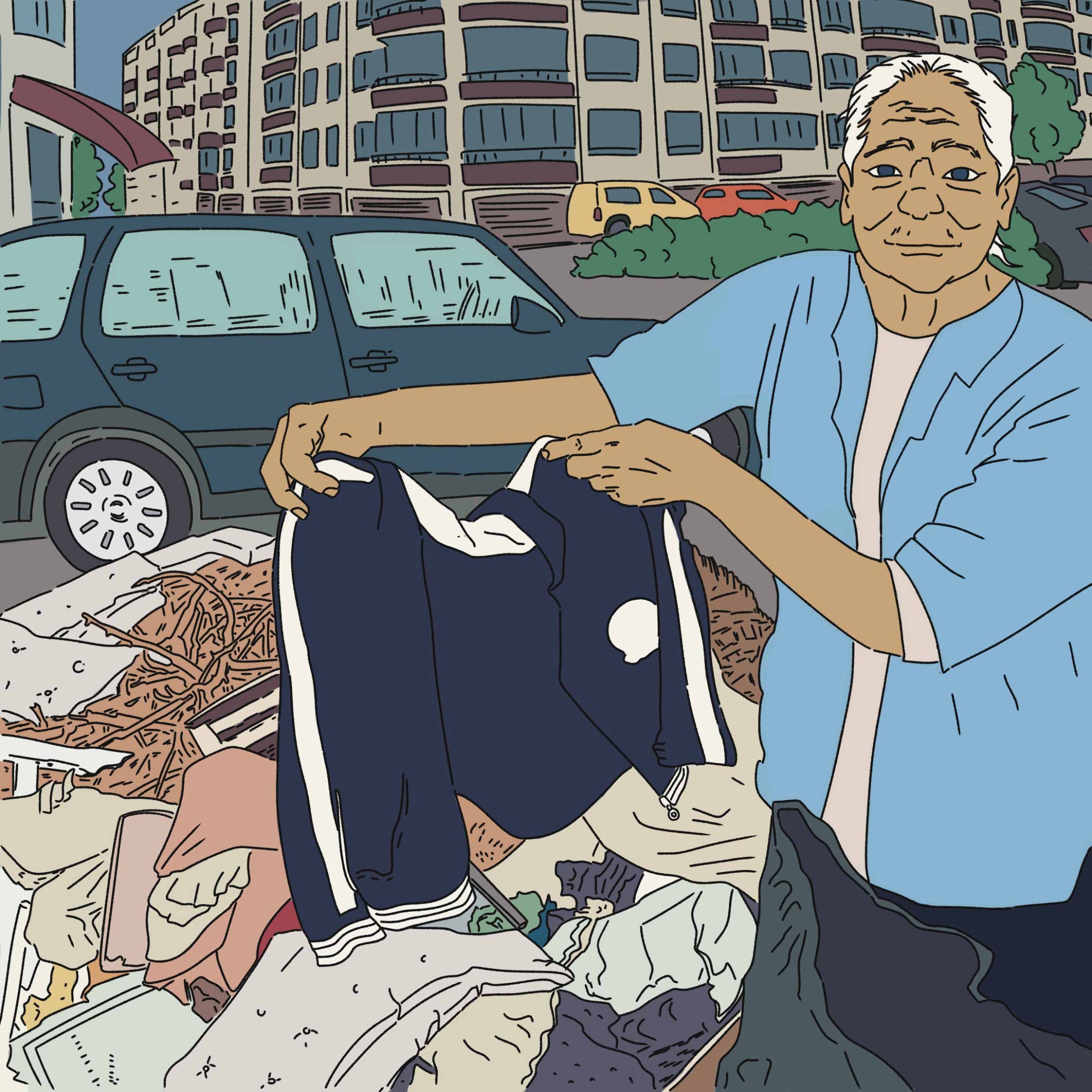 illustration of old woman picking clothes from trash
