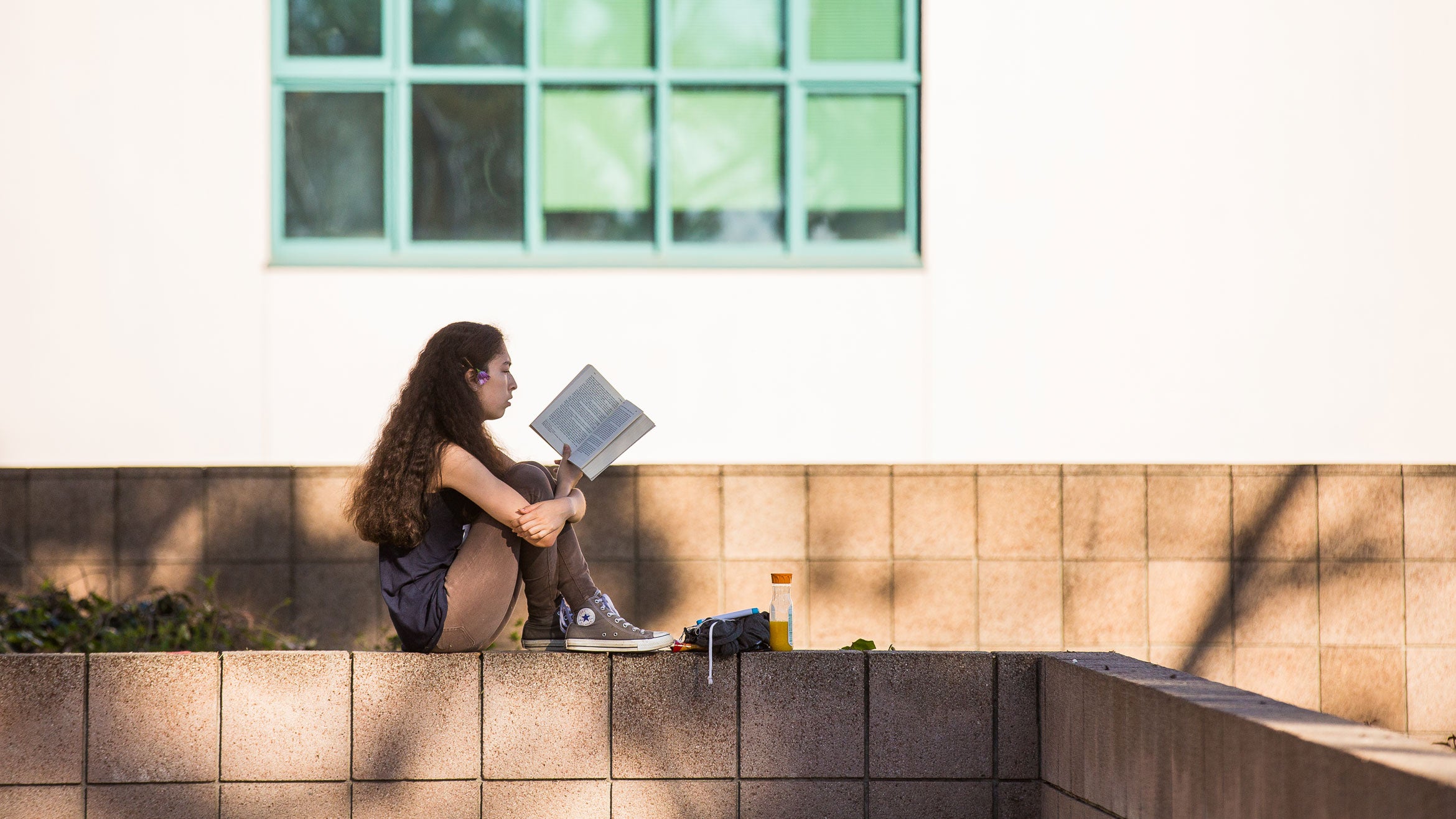 female student reads on bench outside