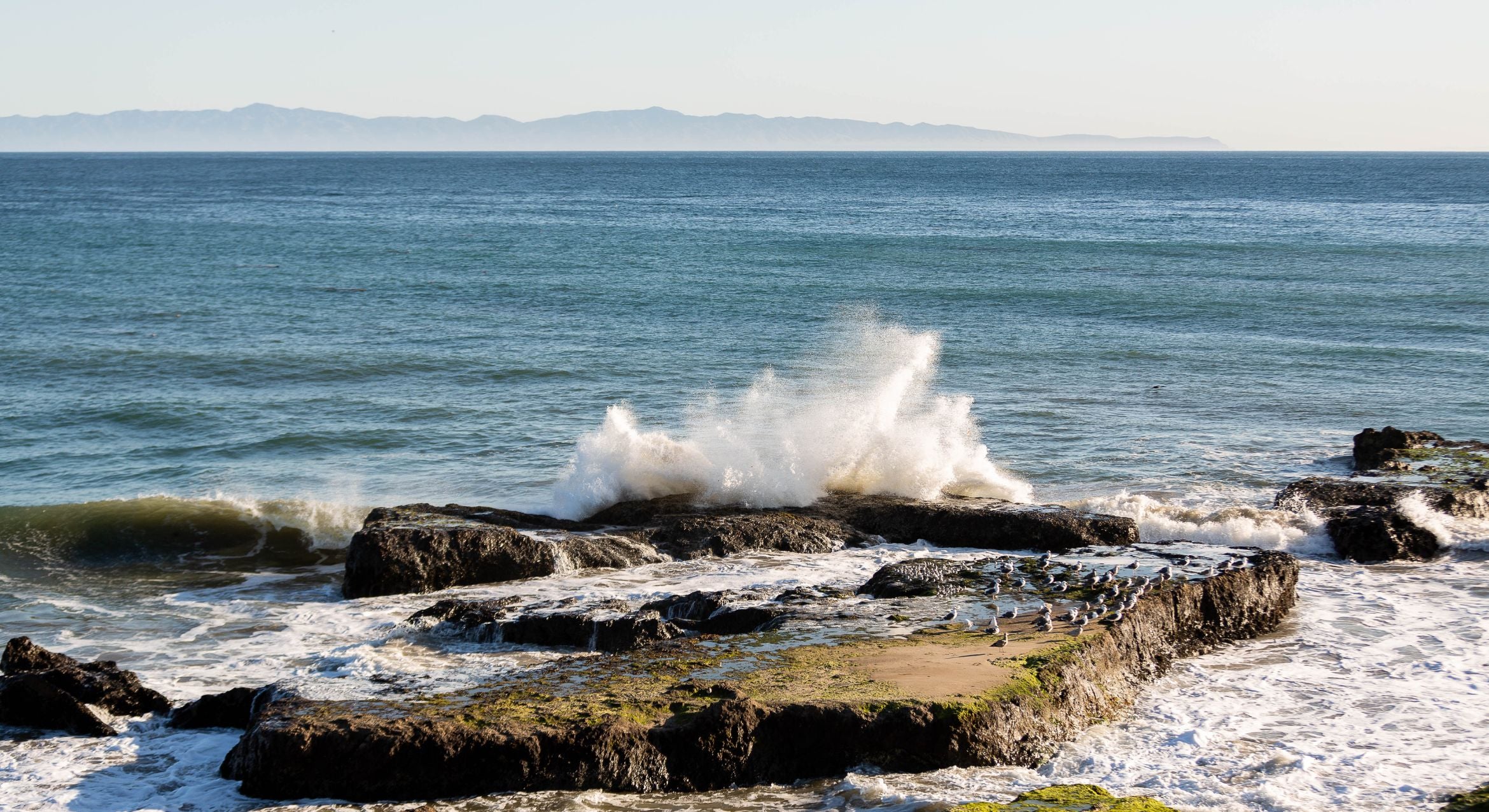 A wave crashes upon campus point with Santa Cruz Island in the distance.
