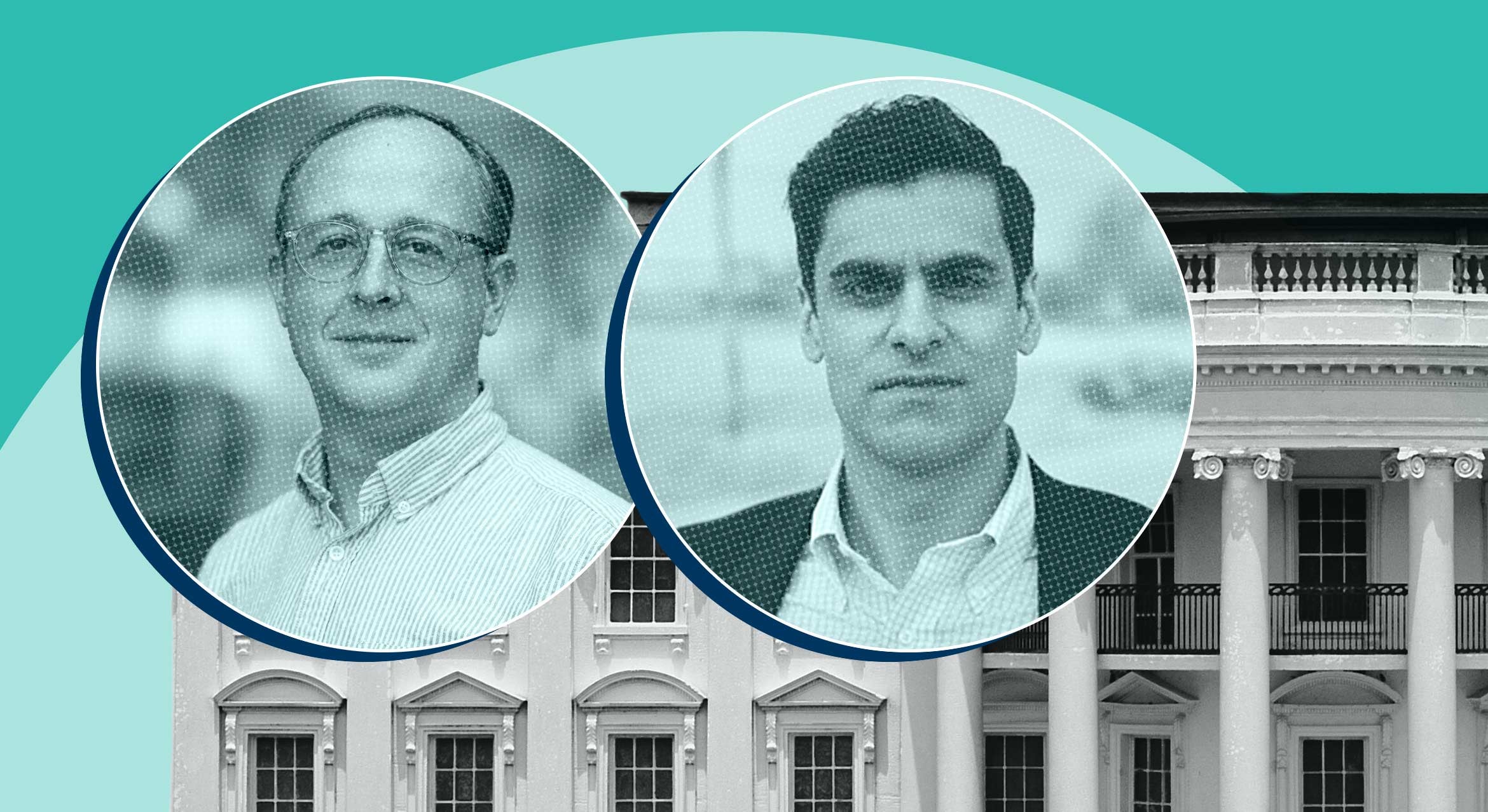 portraits of ucsb political scientists Matto Mildenberger and Neil Narang against the backdrop of the White House