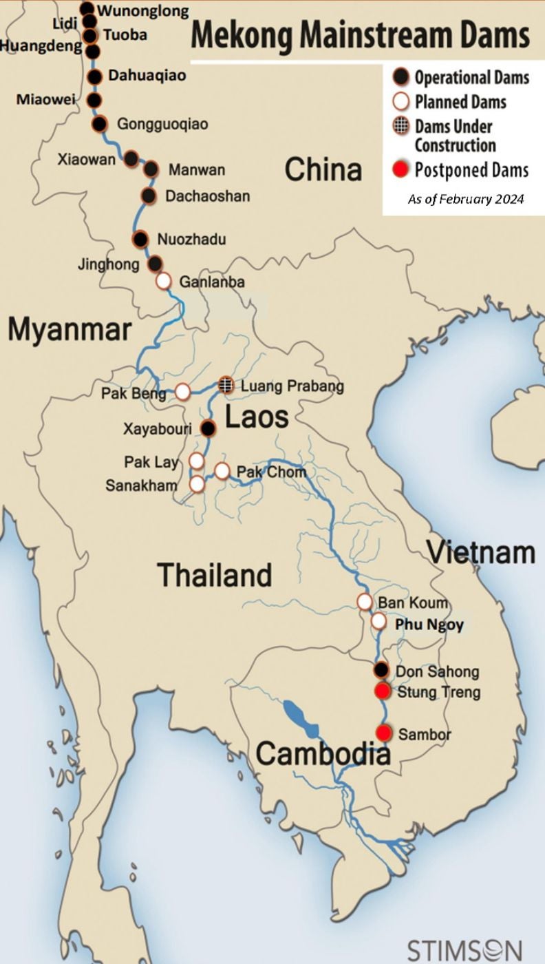A map of existing and proposed dams along the Mekong River, circa 2024.