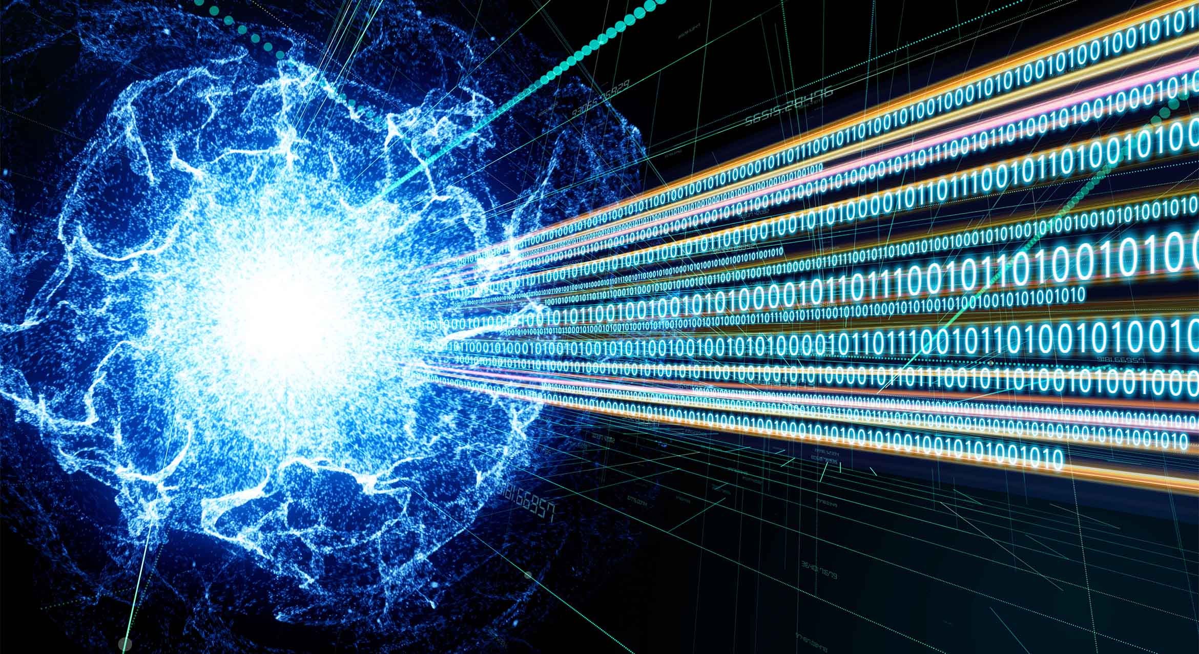 Quantum computing concept illustration with a burst of blue light and string of 0s and 1s