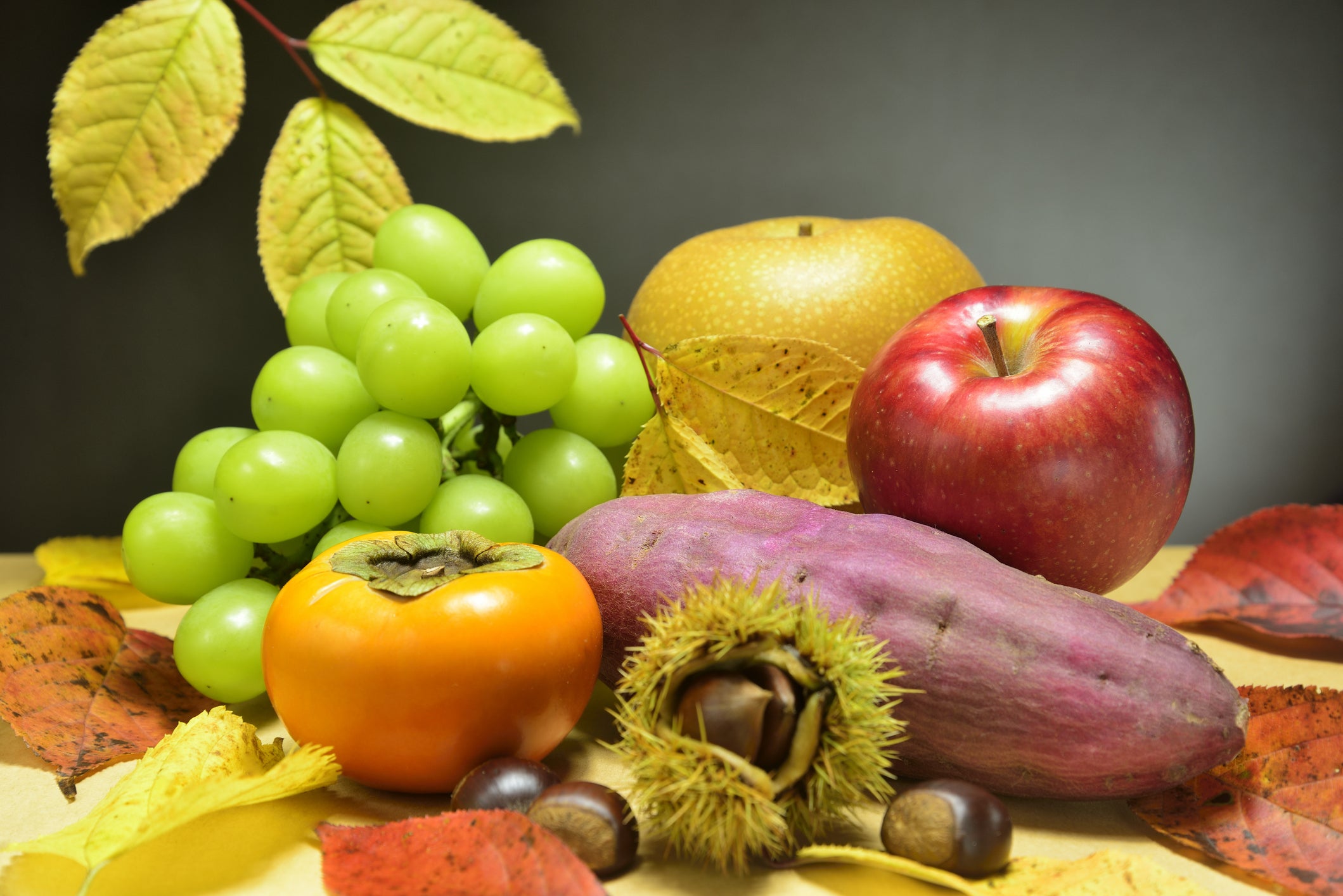grapes, asian pear, apple, persimmon, sweet potato and chestnuts