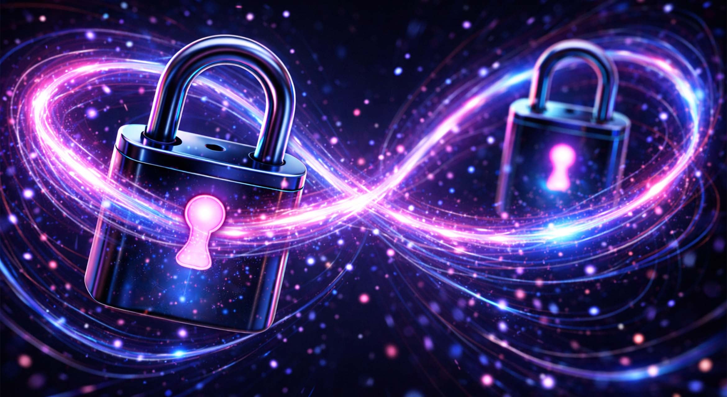 Two padlocks appear floating in space linked by a colorful infinity symbol