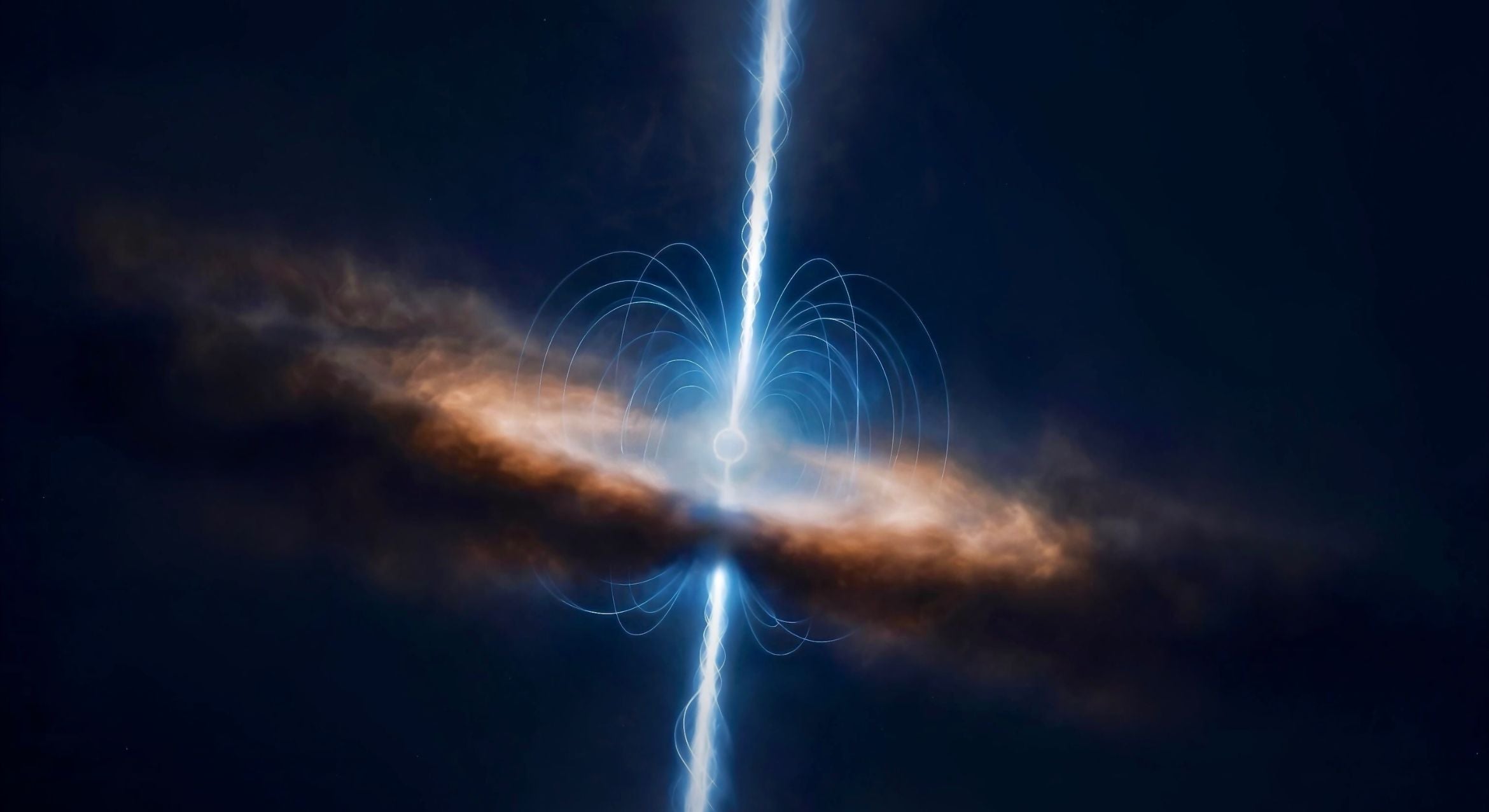 A visualization of a magnetar with tilted accretion disk and energetic polar jets.