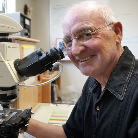 James Boles sits in a lab wearing glasses and smiling in front of a microscope