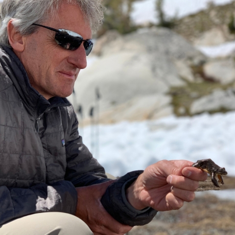 Roland Knapp wearing a coat and sunglasses, holds a frog.